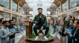 A photograph of a man with a beard, a black t-shirt, and a green jacket sitting inside a large, transparent bubble. The bubble is surrounded by a crowd of people. Some people in the crowd are holding up glass signs with various messages, including "ITERATE OR DIE", "BUILDING THE FUTURE", "OPEN SOURCE RULES", "SCALING INNOVATION", and "WHERE IS THE CODE?". A wooden podium with the logo for the "INNOVATION LEADERSHIP HUB" is positioned inside the bubble. The background features a large, modern office with "CREATIVITY AT SCALE" written on the left side and "DIGITAL INFRASTRUCTURE" on the right.