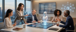 Leadership team in collaborative meeting — human-centred leadership in AI-driven organizations