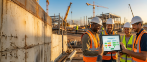Construction site supervisor reviewing a decision framework with their team, confident, clear, energized