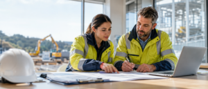 Site manager and supervisor reviewing operating decisions together at a field office, engaged, collaborative, clear