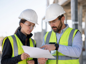 A construction site supervisor reviewing plans with a crew lead — decisions distributed close to the work