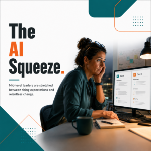 A tired supervisor at an evening desk with two AI tool windows open on the monitor